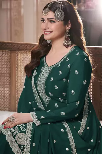 Teal green embroidered chinon palazzo style salwar suit