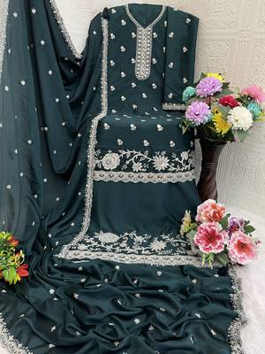 Teal green embroidered chinon palazzo style salwar suit 3