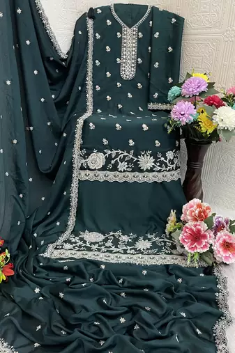 Teal green embroidered chinon palazzo style salwar suit