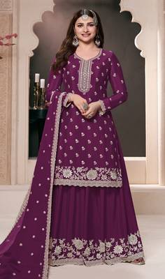 Purple embroidered chinon palazzo style salwar suit 1