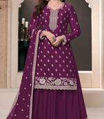 Purple embroidered chinon semi-palazzo style salwar suit