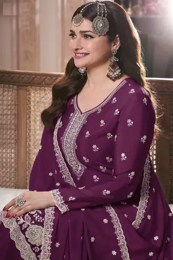Purple embroidered chinon palazzo style salwar suit