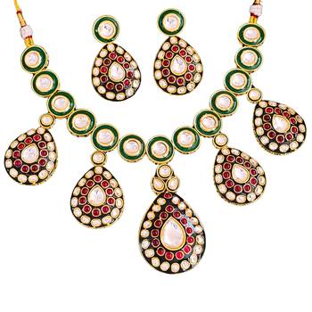 Traditional indian kundan necklace set with earrings, green enamel and ruby red stones, gold-plated 6