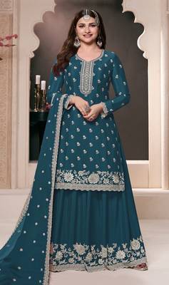 Blue embroidered chinon palazzo style salwar suit 1