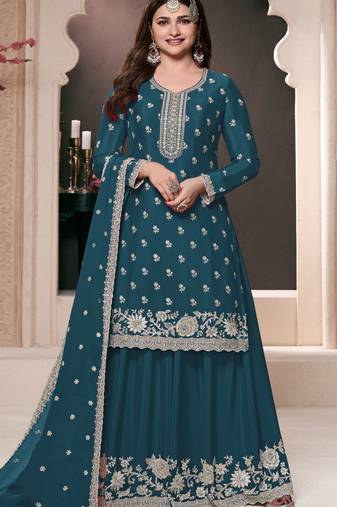 Blue embroidered chinon semi-palazzo style salwar suit