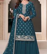 Blue embroidered chinon semi-palazzo style salwar suit