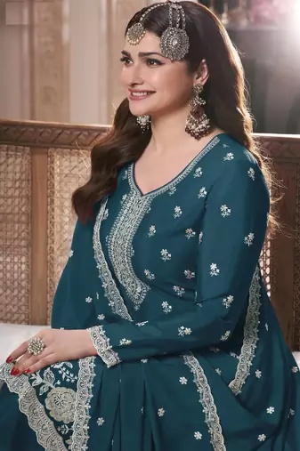 Blue embroidered chinon palazzo style salwar suit