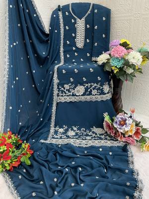 Blue embroidered chinon palazzo style salwar suit 3