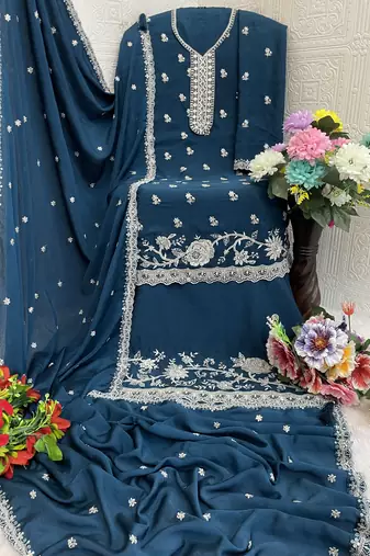 Blue embroidered chinon palazzo style salwar suit