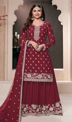 Maroon embroidered chinon palazzo style salwar suit 1