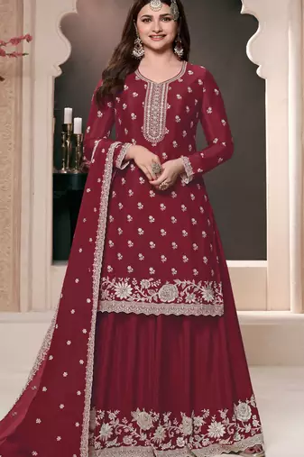 Maroon embroidered chinon semi-palazzo style salwar suit