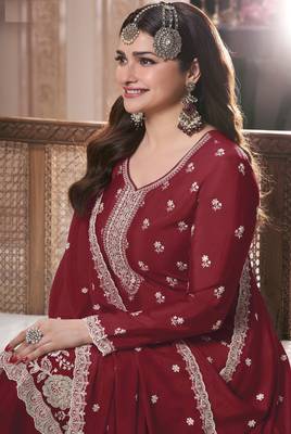 Maroon embroidered chinon palazzo style salwar suit 2