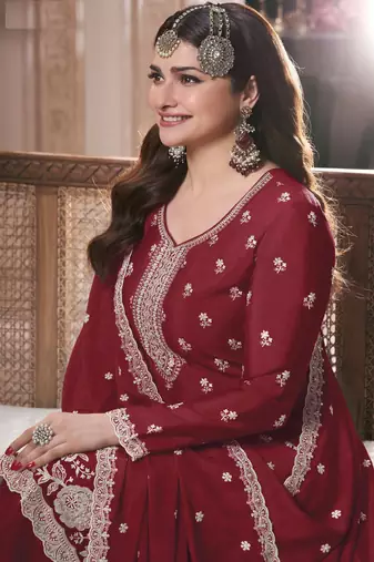 Maroon embroidered chinon palazzo style salwar suit