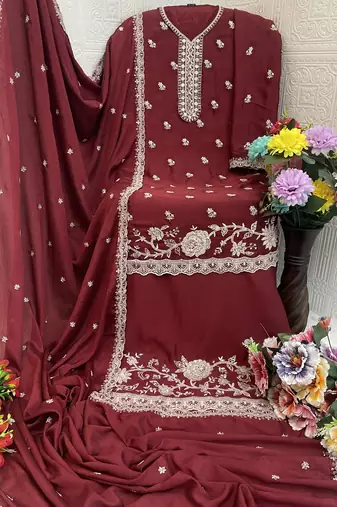 Maroon embroidered chinon palazzo style salwar suit