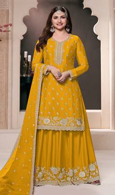 Yellow embroidered chinon palazzo style salwar suit 1