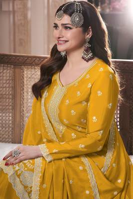 Yellow embroidered chinon palazzo style salwar suit 2