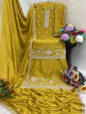 Yellow embroidered chinon palazzo style salwar suit 3
