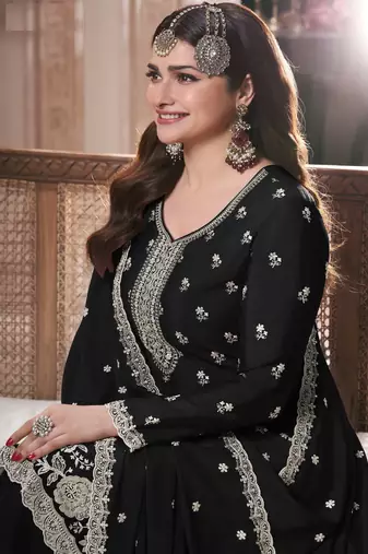 Black embroidered chinon palazzo style salwar suit