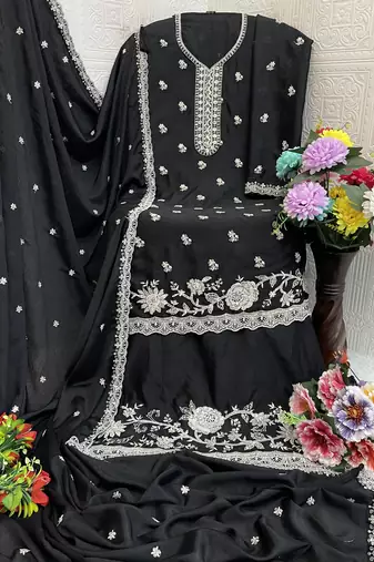 Black embroidered chinon palazzo style salwar suit