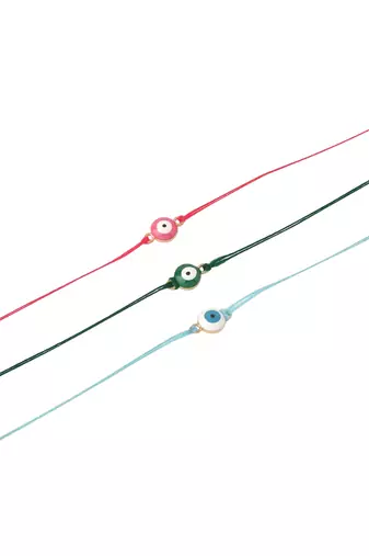 set of 3 multicolor evil eye thread rakhi with roli chawal chandan & mishri