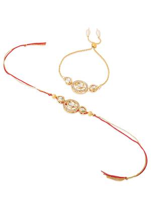  set of 2 gold toned kundan studded bhaiya bhabhi rakhi with roli chawal chandan & mishri 2