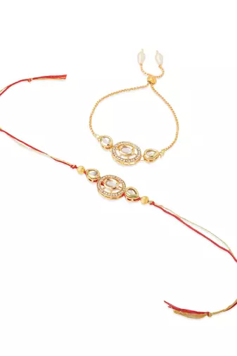  set of 2 gold toned kundan studded bhaiya bhabhi rakhi with roli chawal chandan & mishri