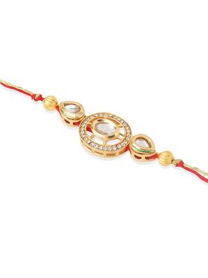  set of 2 gold toned kundan studded bhaiya bhabhi rakhi with roli chawal chandan & mishri 4