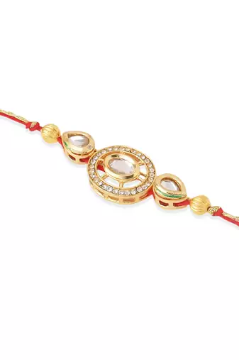  set of 2 gold toned kundan studded bhaiya bhabhi rakhi with roli chawal chandan & mishri