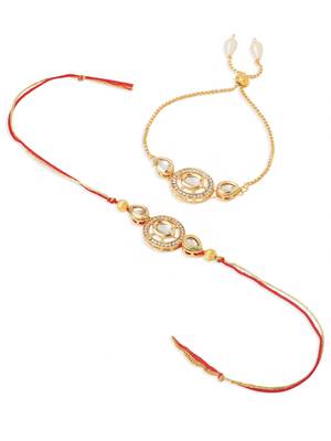  set of 2 gold toned kundan studded bhaiya bhabhi rakhi with roli chawal chandan & mishri 5