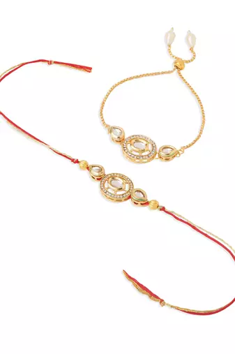  set of 2 gold toned kundan studded bhaiya bhabhi rakhi with roli chawal chandan & mishri