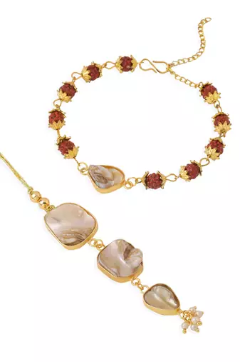  set of 2 gold toned rudraksh & pearls bhaiya bhabhi rakhi with roli chawal chandan & mishri
