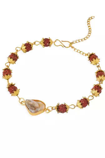  set of 2 gold toned rudraksh & pearls bhaiya bhabhi rakhi with roli chawal chandan & mishri