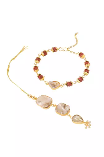  set of 2 gold toned rudraksh & pearls bhaiya bhabhi rakhi with roli chawal chandan & mishri