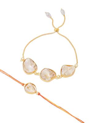  set of 2 gold toned pearls bhaiya bhabhi rakhi with roli chawal chandan & mishri 2