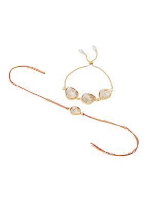  set of 2 gold toned pearls bhaiya bhabhi rakhi with roli chawal chandan & mishri 5