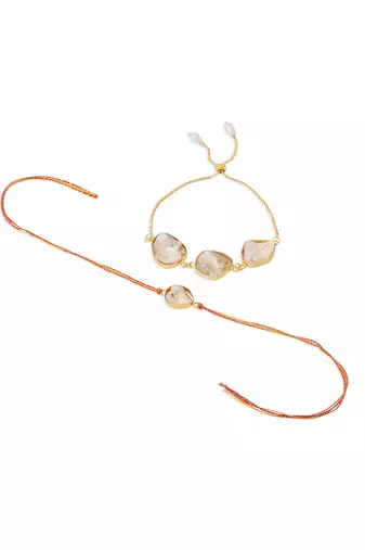  set of 2 gold toned pearls bhaiya bhabhi rakhi with roli chawal chandan & mishri
