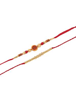 set of 2 red religious thread rakhi with roli chawal chandan & mishri 2