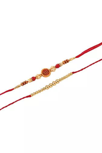 set of 2 red religious thread rakhi with roli chawal chandan & mishri
