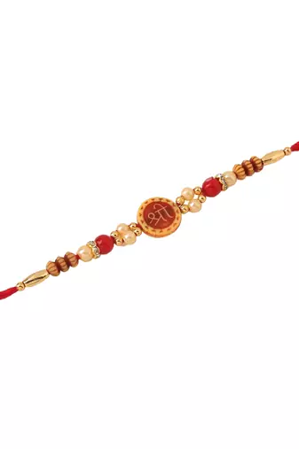 set of 2 red religious thread rakhi with roli chawal chandan & mishri