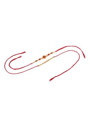 set of 2 red religious thread rakhi with roli chawal chandan & mishri 6