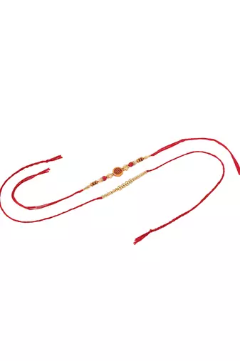 set of 2 red religious thread rakhi with roli chawal chandan & mishri