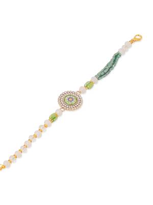   green artificial stones & beads floral wraparound rakhi with roli chawal chandan & mishri 2