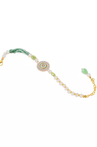   green artificial stones & beads floral wraparound rakhi with roli chawal chandan & mishri