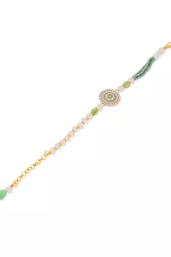   green artificial stones & beads floral wraparound rakhi with roli chawal chandan & mishri