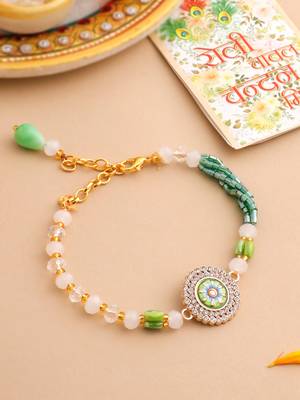   green artificial stones & beads floral wraparound rakhi with roli chawal chandan & mishri 5