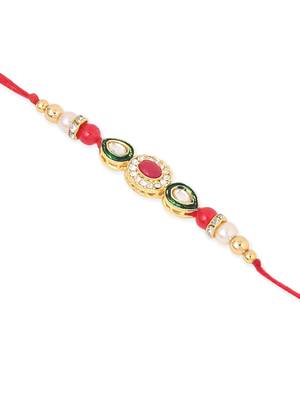 set of 2 multicolor oval shape kundan studded & beads bhaiya bhabhi rakhi with roli chawal chandan & mishri 5
