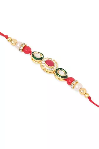 set of 2 multicolor oval shape kundan studded & beads bhaiya bhabhi rakhi with roli chawal chandan & mishri