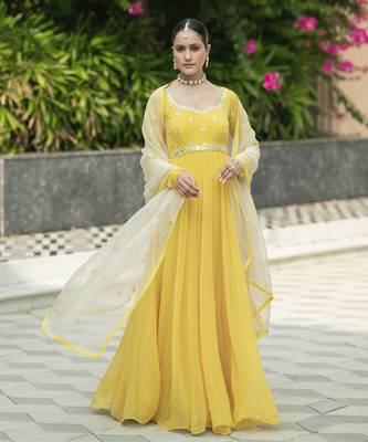 Yellow embroidered anarkali set 1