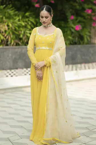 Yellow embroidered anarkali set