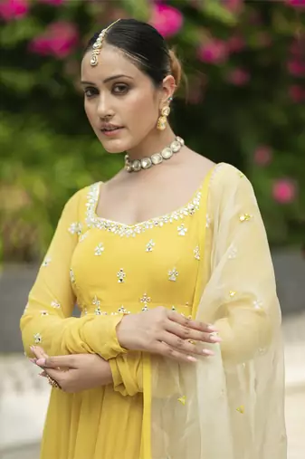 Yellow embroidered anarkali set